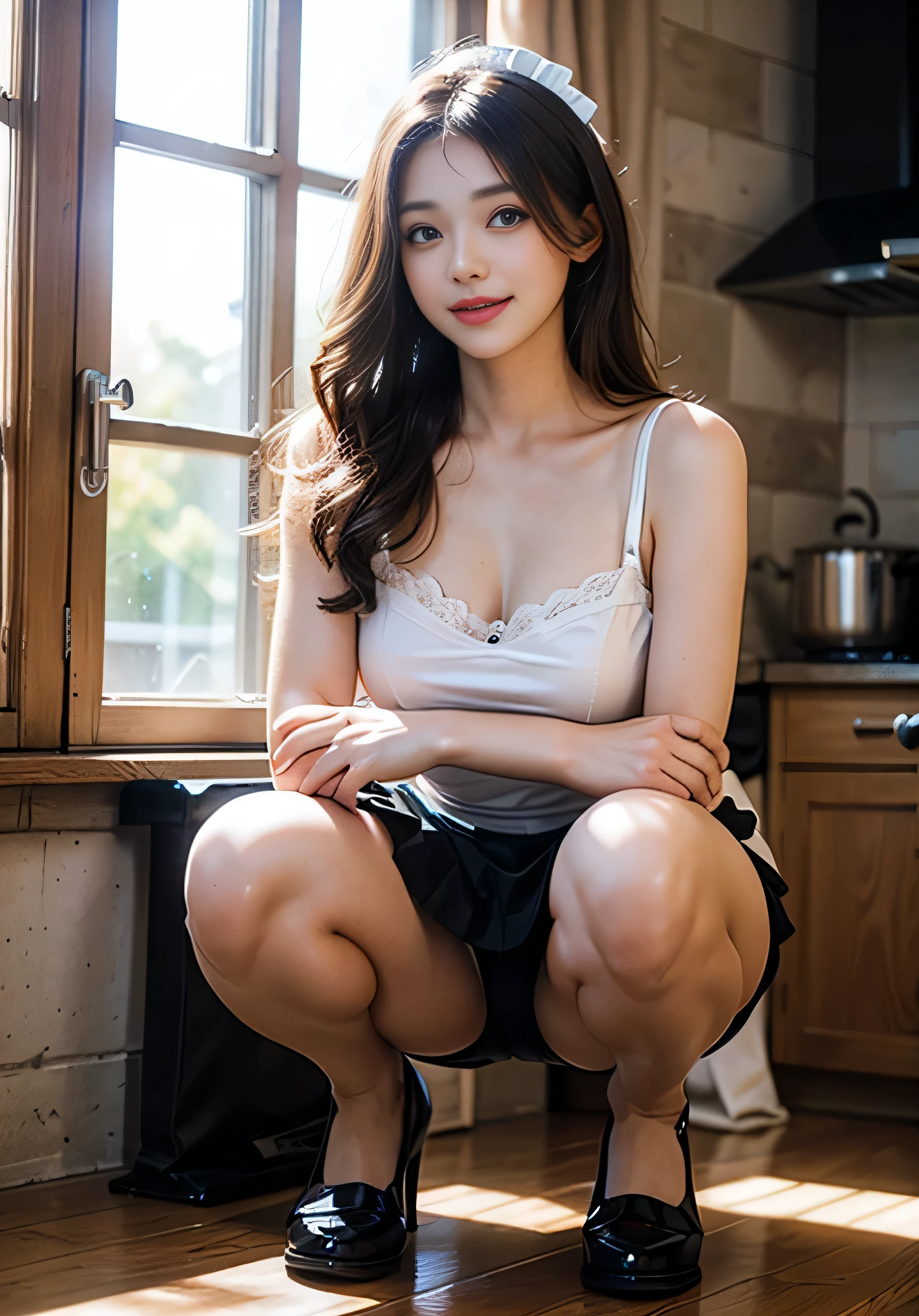(master piece:1.2,8K resolution, Raw photo, best quality, ), High-definition color photos, professional photos, (Reality, realistic photo:1.37), ((full body photo, full body)), (30 year old beautiful Korean adult woman), cinematic light, (Beautiful face with double eyelids:1.5), (full body photography), (best quality:1.2), ((large and impressive eyes, Beautiful eyes with double eyelids)), (Mouth closed and smiling:1.2), (Looking at Viewer:1.2), (crouching in front of the viewer, You can see the panties when you squat down), (white panties), Panties fully visible, (Detailed maid outfit in black and white:1.2),long beautiful legs,big breasts,(Beautiful face brightly lit by natural light), Please show your crotch to the viewer,Make eye contact with your audience, Taken in the kitchen, Pose with hands on cheeks, seaweed
