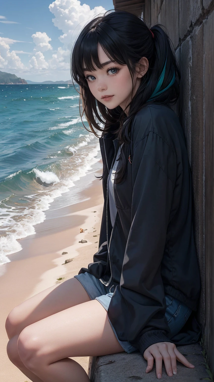 (最high quality, 8K, masterpiece: 1.3, Ultra HD, high quality, 最high quality, High resolution, realism)) 、slender、slenderだがアスリートのような細マッチョ、I don&#39;t want my head to disappear from the screen.、inner color((colored inner hair))、side tail((side drill))、Climb onto a four-metre seawall on the coastline、sit down、smile((smile))、High waves、black hair((black hair))、black eye