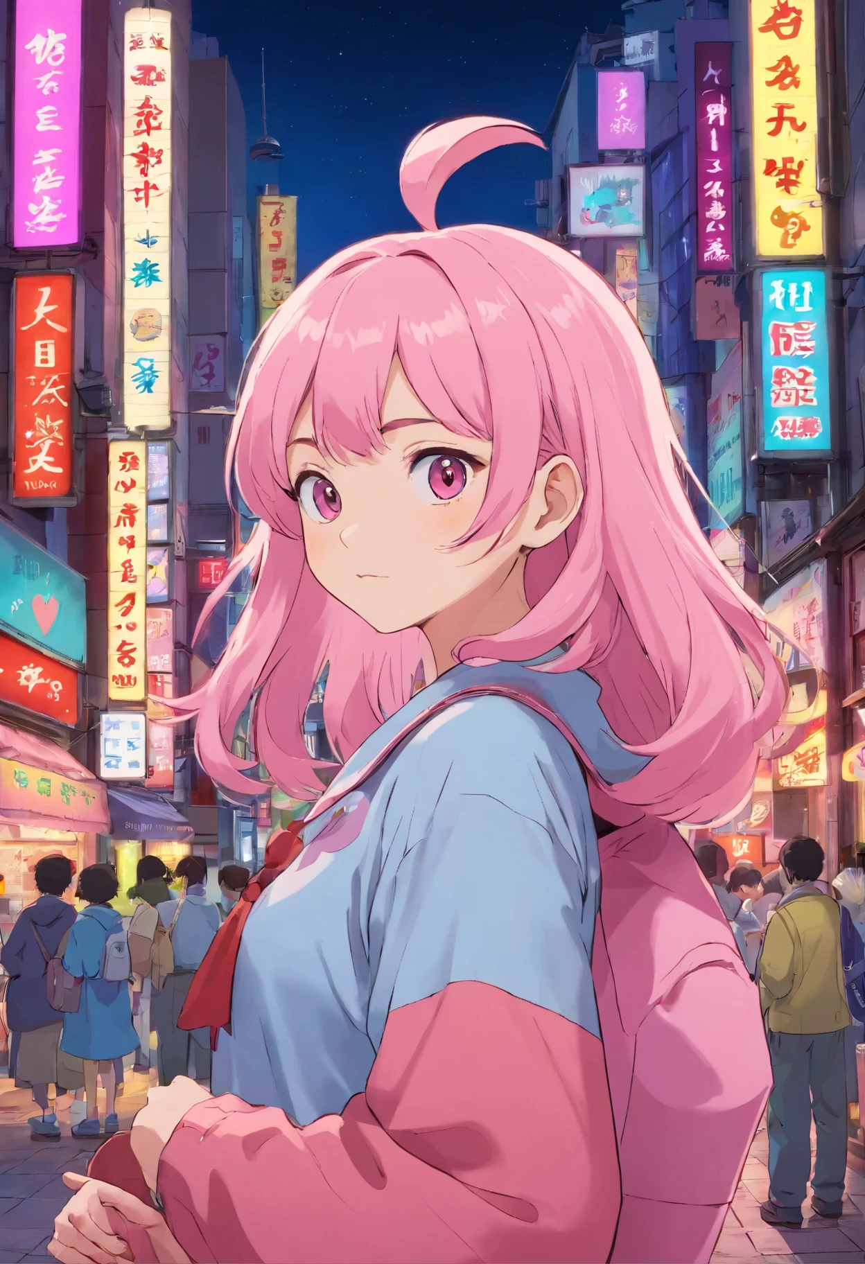 20-year-old, Her hair is pink and she has makeup on her face, Tokyo's Akihabara Neon Streets, With ghost type Pokemon, Gengar, Muuma, Usopp, Akihabara at night, near future