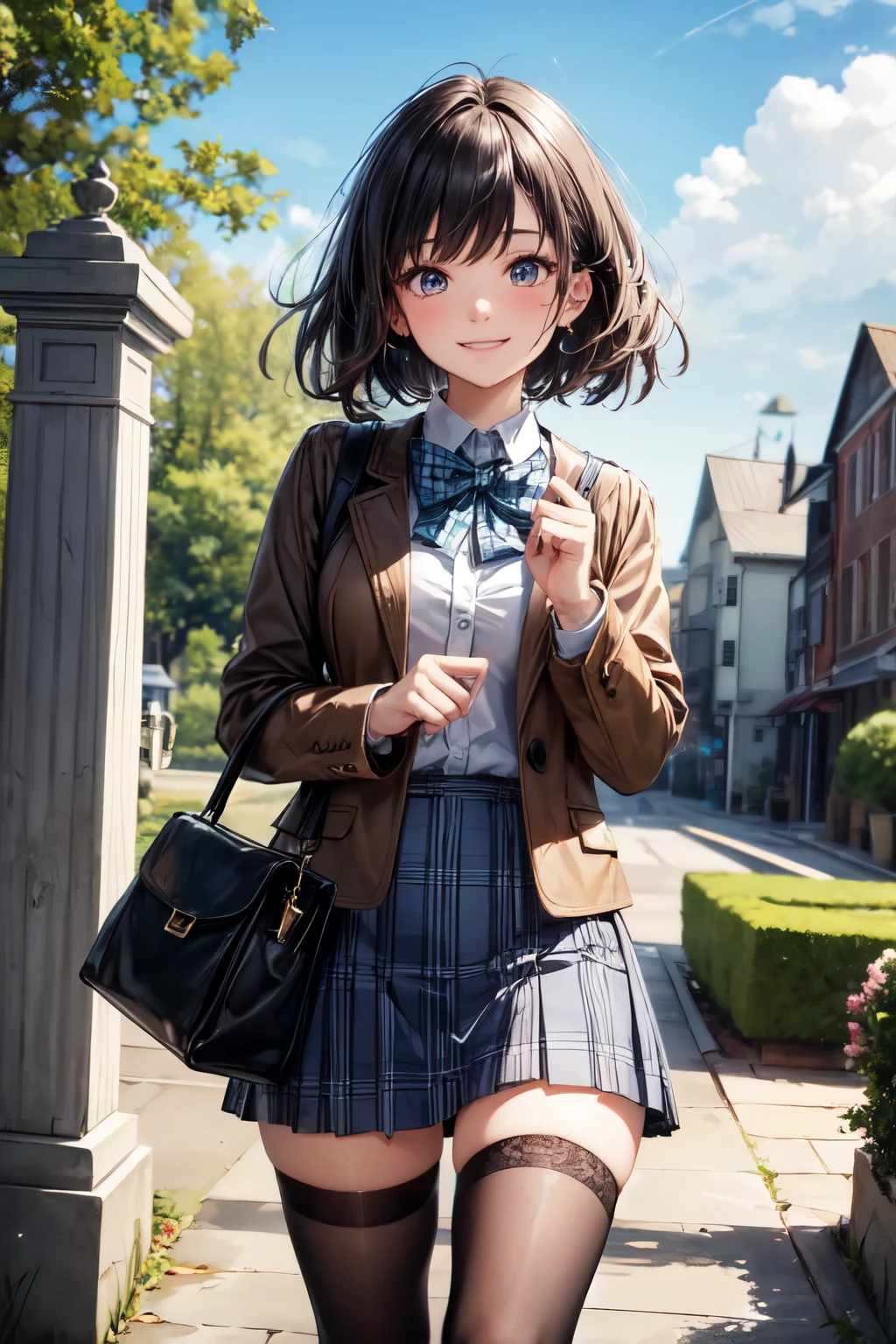 very cute and beautiful girl,teen,(highly detailed beautiful face),(smile:1.2),happy,cowboy shot,
(brown jacket:1.12),collared shirt,plaid bowtie BREAK detailed legs,zettai ryouiki,brown shoulder bag,
stylish pose,hair pin,black hair,(blue plaid mini skirt:1.2),stone gate,flower garden,
(best quality,masterpiece:1.0),absurdres,highres,ultra-detailed,extremely detailed,32k,8k resolution,
intricate details,cinematic scene,detailed background,solo,dynamic angle,
hair fluttering in the wind,beautiful detailed sky,