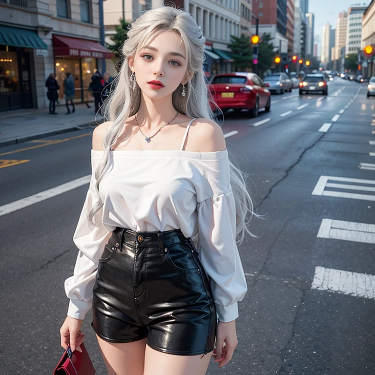 Urban beautiful girl college student, Masterpiece, Light makeup, red lips, silver hair, long messy hair, road background, beautiful, elegant. Very detailed details, Original work, real texture, Realism of cinematic lighting, perfect job, 8k, HD, Exquisite appearance, Tight white off-the-shoulder shirt, Clear white tight shorts, Slim shape, big bright eyes, smooth skin, earring, necklace, tattoo