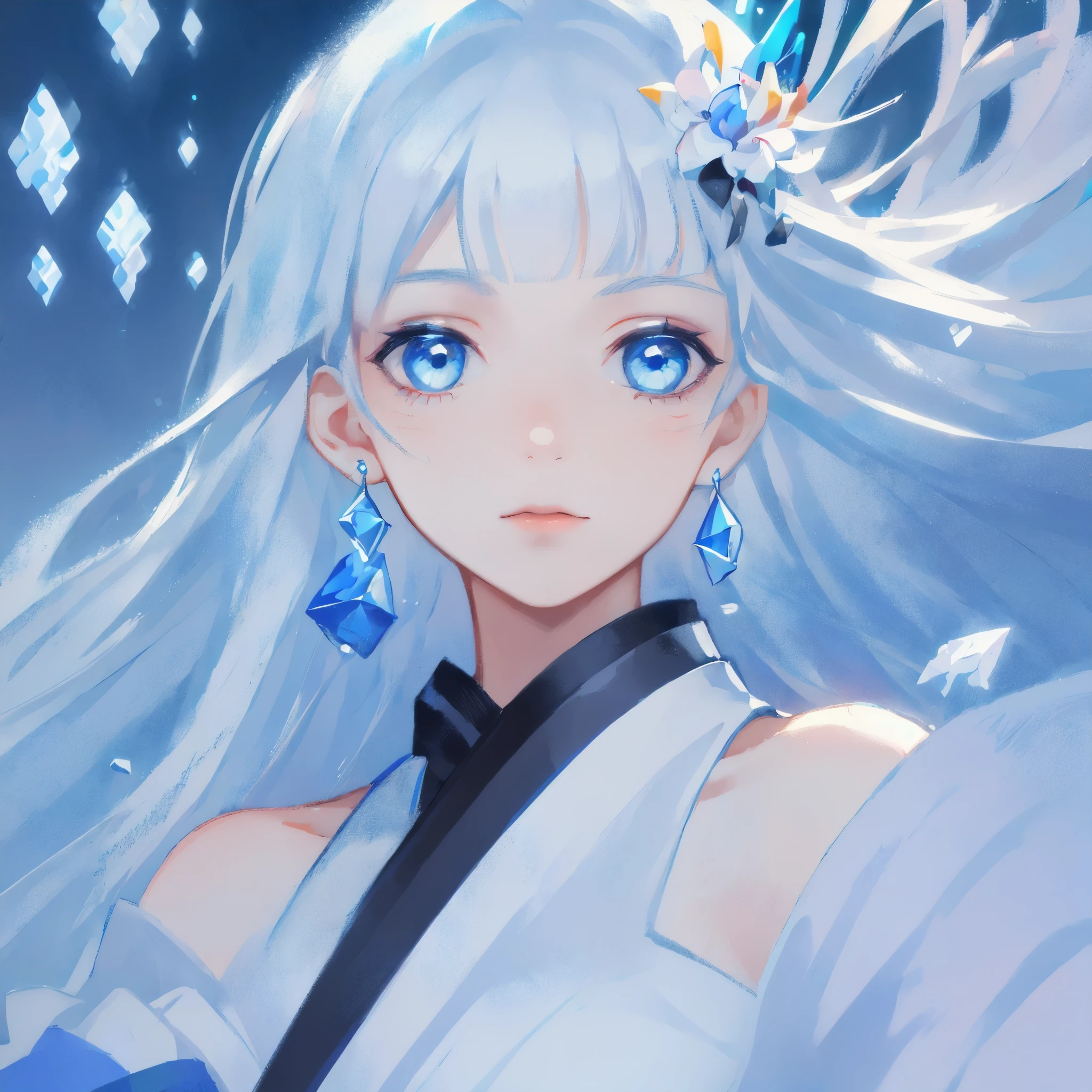 masterpiece, best quality, illustration, (dynamic lighting:1.2), cinematic lighting, delicate facial features, detailed eyes, sharp pupils, realistic pupils, depth of field, bokeh, sharp focus, (hyper-detailed, bloom, glow:1.4), many small gems,  ,1girl, japanese kimono, bare shoulder, light blue hair, extremely long hair, blue eyes, hair ornament, blue ribbon, blue earring