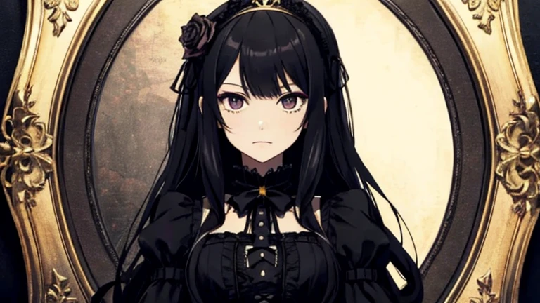 gothic lolita girl,dark,black and gold dress,high quality,perfect face,Demon King,Victorian era,Demon Kingの城に住む少女,The Night Before the Battle,Willpower,Spirituality,Look ahead,perfect face,high quality,have a sword,Thorny rose background rose,look down