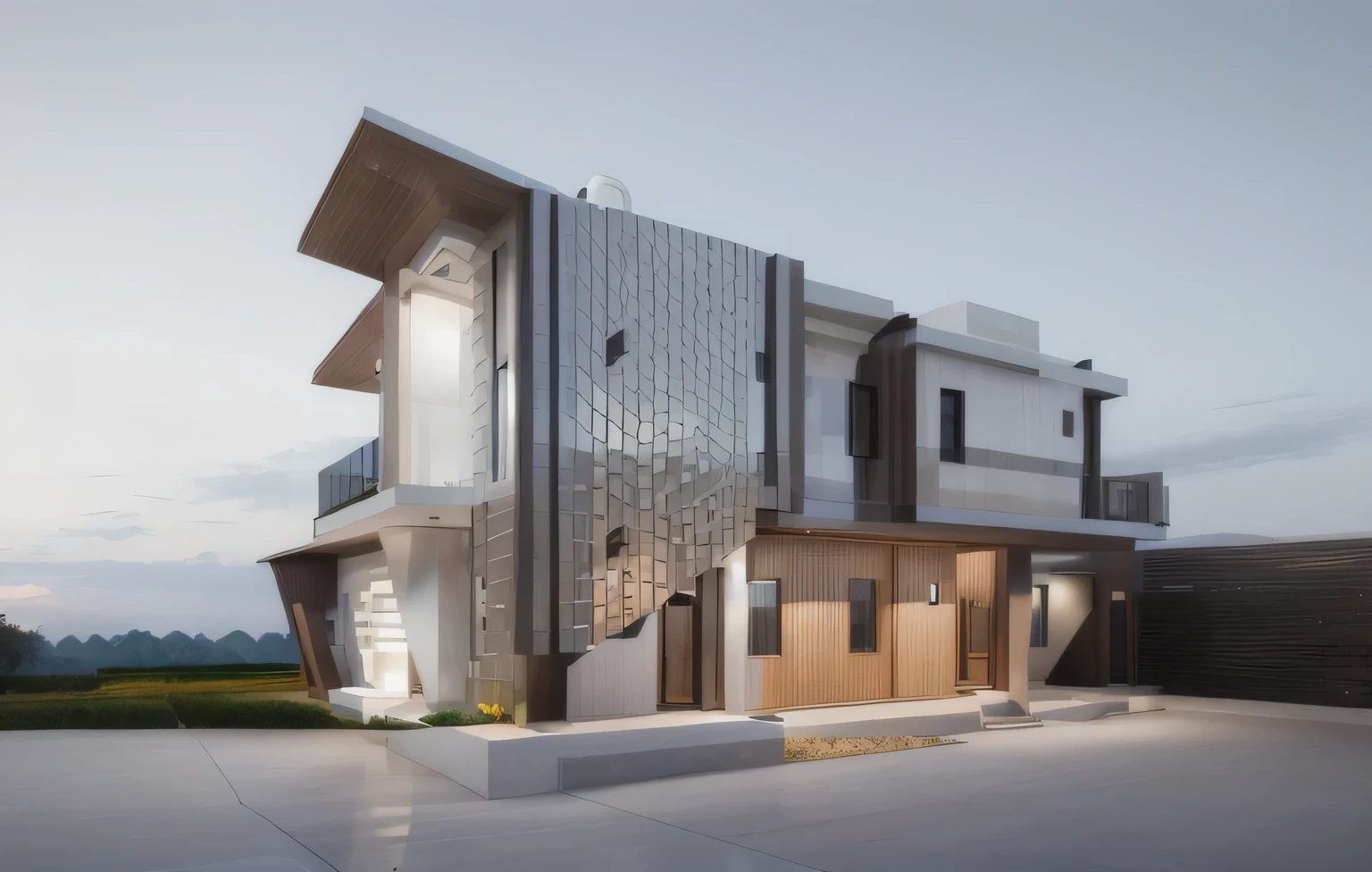 Modern villas , white , ((night)), trees, vine, architecture, building, vivid colour, masterpiece,best quality,super detailed,realistic,photorealistic, 8k, sharp focus,
a photo of a building