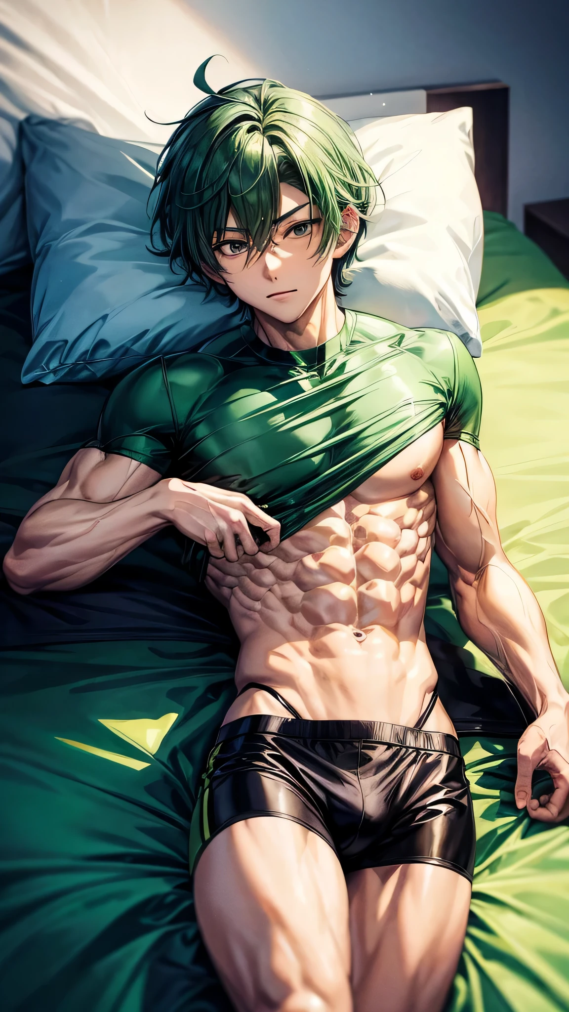 Anime guy without top Muscular with 6 pack abs With green hair Lying on the bed 