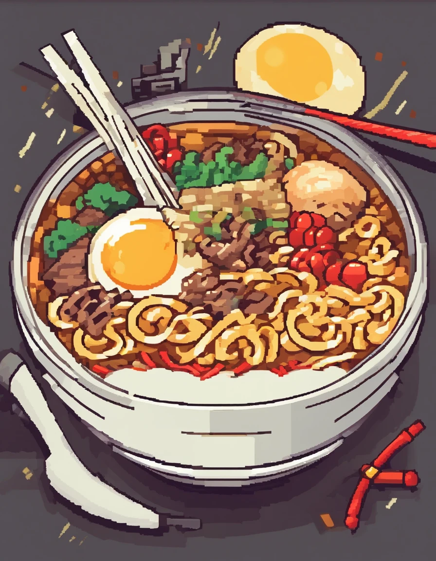 Ramen bowl with noodles coming out, partituras musicales y notas musicales, con vinilos y casettes en vez de carne y verduras. Fondo de colores brillantes.