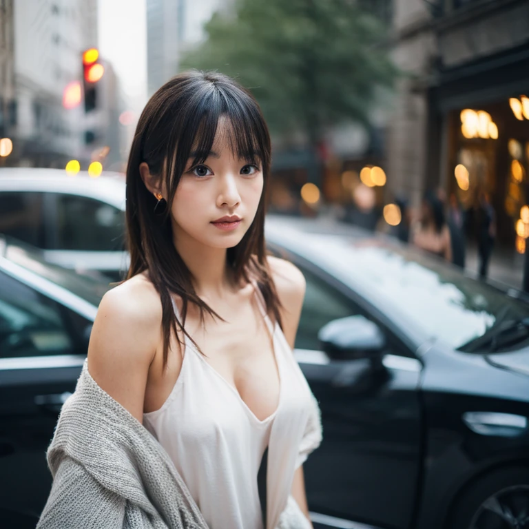 a woman, (realistic), (hyperrealism), (photorealistic), depth of field, eye makeup:0.5, (upper body:1.2), (narrow waist:0.7), looking at the viewer, casual outfit, at the city streets, topless