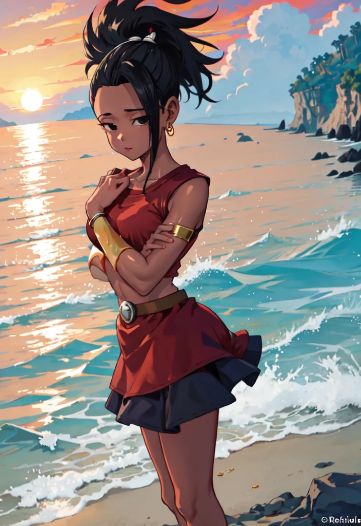 artwork, best quality, Kale, black eyes, ponytail, top cut, armband, red skirt, torso, standing, looking at viewer, nervous, On a paradisiacal beach, the golden evening sun bathes the golden sand and the crystal clear waves of the sea. The predominant colors are the deep blue of the ocean, the gold of the sun reflecting on the water and the warm orange of the sky at sunset. The character is standing at the water's edge, her body is highlighted by sunlight, while gentle waves kiss her bare feet. The camera angle is medium to low, capturing your entire body in harmony with the stunning scenery around you. Best quality,very details,perfect anatomy, perfect hands, very details of your body