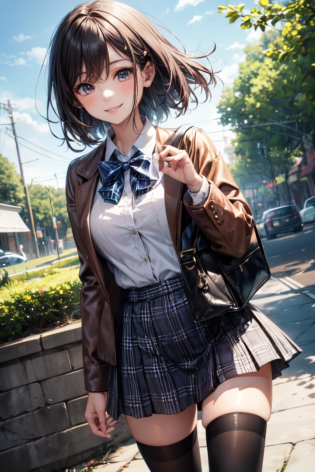 very cute and beautiful girl,teen,(highly detailed beautiful face),(smile:1.2),happy,cowboy shot,
(brown jacket:1.12),collared shirt,plaid bowtie BREAK detailed legs,zettai ryouiki,brown shoulder bag,
stylish pose,hair pin,black hair,(blue plaid mini skirt:1.2),stone gate,flower garden,
(best quality,masterpiece:1.0),absurdres,highres,ultra-detailed,extremely detailed,32k,8k resolution,
intricate details,cinematic scene,detailed background,solo,dynamic angle,
hair fluttering in the wind,beautiful detailed sky,