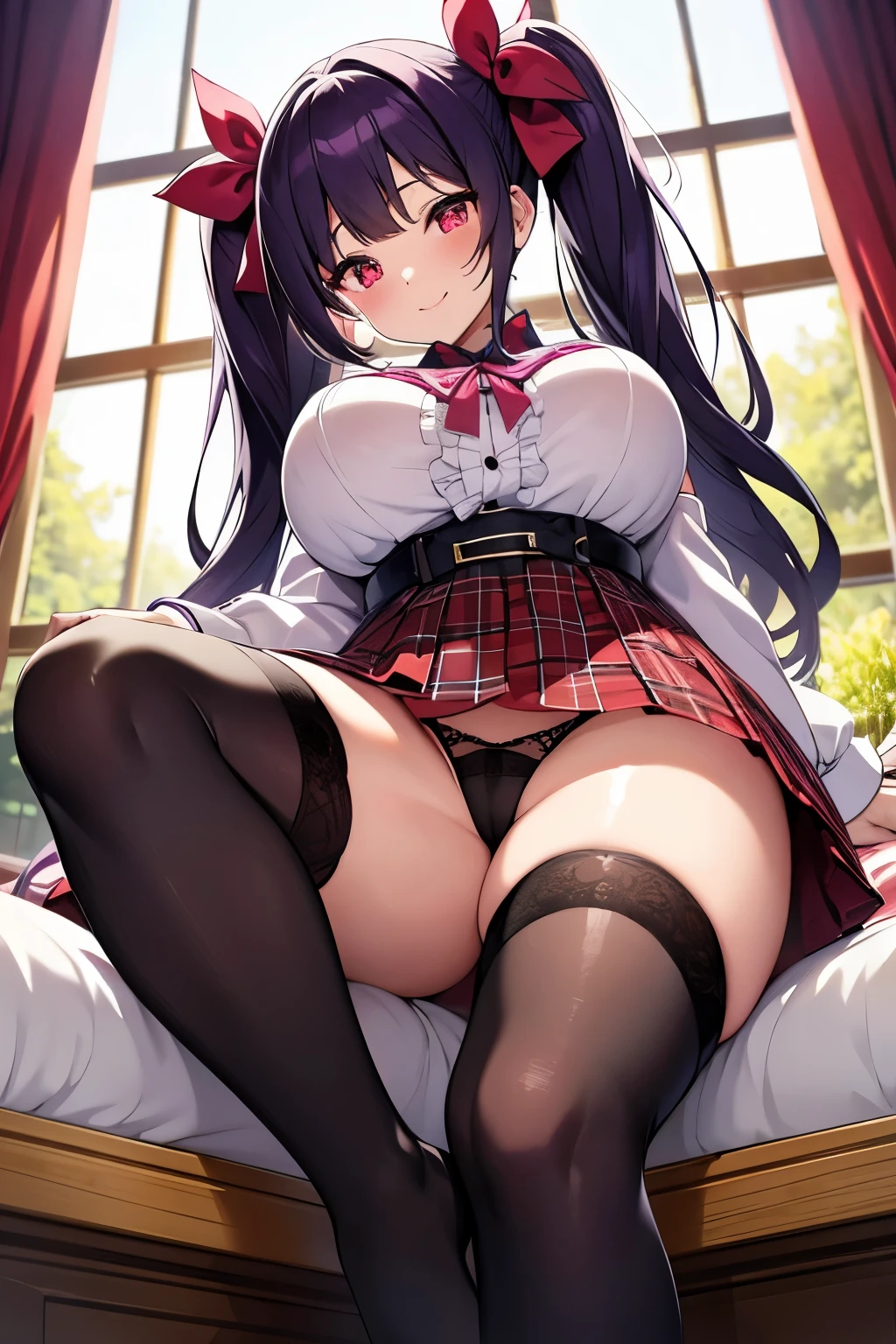 In 8K、highest quality、room with window、with a girl、Dark purple hair、twin tails、big pink ribbon、delicate face、smile、red eyes、blushing face、pink blouse with lots of frills、plaid red skirt、Skirt flips up、beautiful feet、striped lace tights、black platform pumps、seductive thighs、big :1.8、big :5.5、、 thin waist、beautiful waist、shiny skin、black panties with holes、look down from below、seductive thighs、