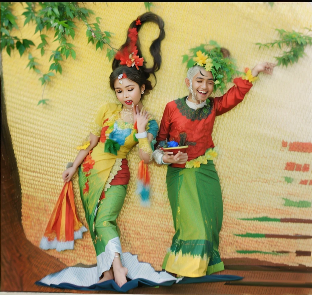 A picture of the Burmese festival of a young couple in traditional costumes under a big saffron tree3d Hd Hd
3d HD.