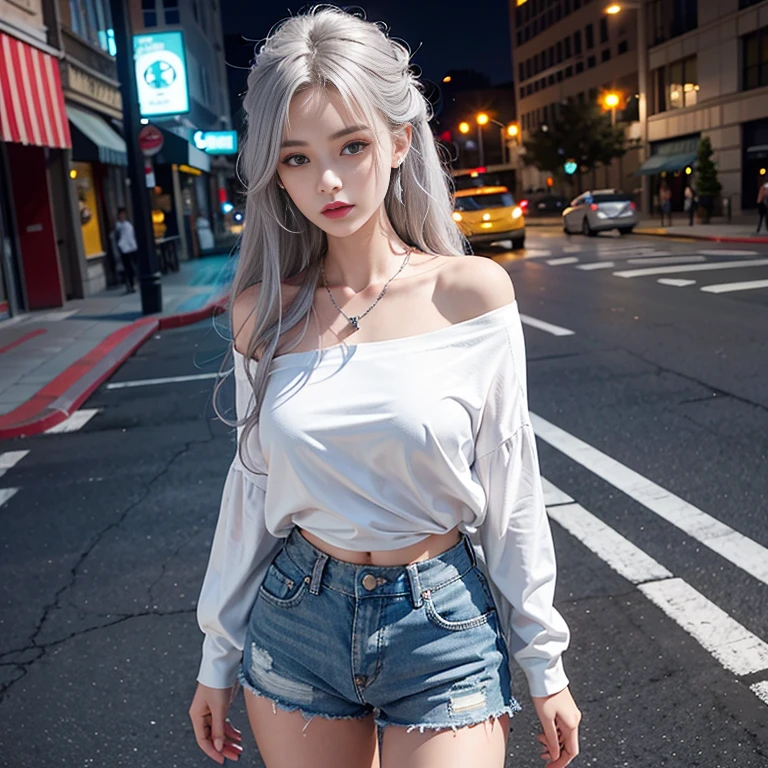 Urban beautiful girl college student, Masterpiece, Light makeup, red lips, silver hair, long messy hair, road background, beautiful, elegant. Very detailed details, Original work, real texture, Realism of cinematic lighting, perfect job, 8k, HD, Exquisite appearance, Tight white off-the-shoulder shirt, Clear white tight shorts, Slim shape, big bright eyes, smooth skin, earring, necklace, tattoo, fit clothes,