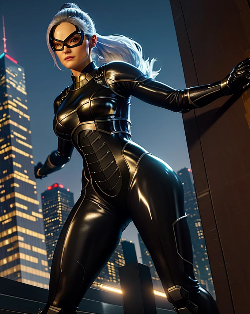 at night, skyscrapers, on rooptop,
feliciacat, Minka Kelly  , full body photo, jump,attack, dynamic pose,
mask , serious, long hair,  white ponytail, black bodysuit , perfect body,
shiny latex texture, skintight,
huge breast, (extremely narrow waist:1.3), wide pelvic,big hip, thigh,calf, highheels,
(realistic skin_details, sharp focus, eyes_focus, masterpiece,best quality,finely detailed,extremely detailed, realistic detail,clear_image,realistic, high_resolution,distinct_image:1.2)