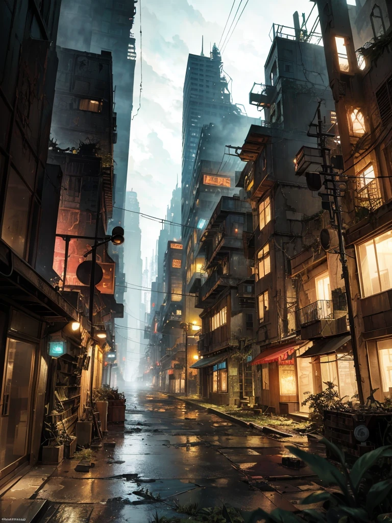 postapocalyptic steampunk city, exploration, cinematic, realistic, hyper detailed, photorealistic maximum detail, volumetric light, (((focus))), wide-angle, (((brightly lit))), (((vegetation))), lightning, vines, destruction, devastation, wartorn, ruins