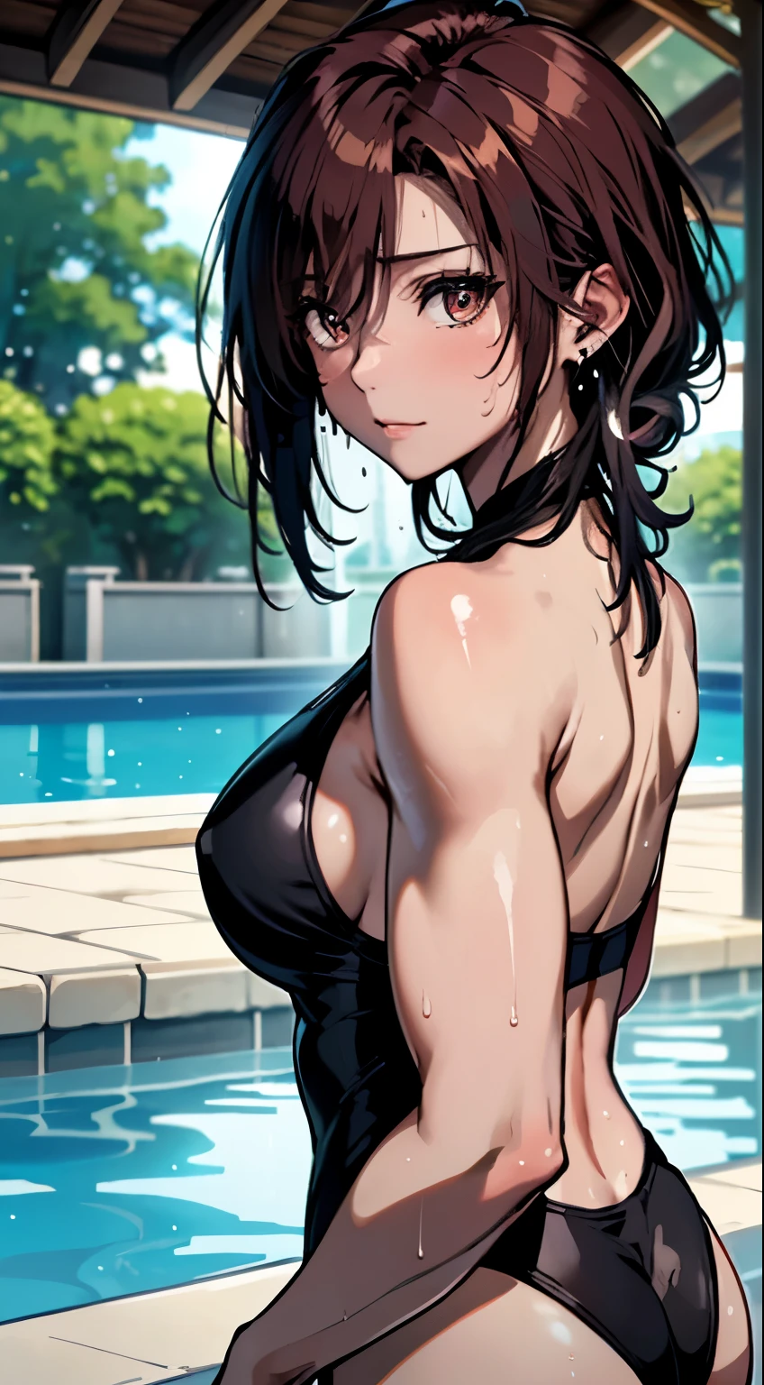 Highest品質、Highest1people girl,high quality,A be familiar withed face、A be familiar withed eye、be familiar with nose、be familiar with mouth、 beautiful expression, ((Masseter muscle part)), ((High resolution)), ((Highest品質)), be familiar with, ((Skin shiny with sweat)), (swimsuit :1.2)、 with a girl, redhead, (short hair)、((Rear view:1.3、butt))、pure white skin:1.3、、big and full breasts, cinematic lighting, completely in the shade,(((by the pool))), Realistic lighting with shades,show your whole body