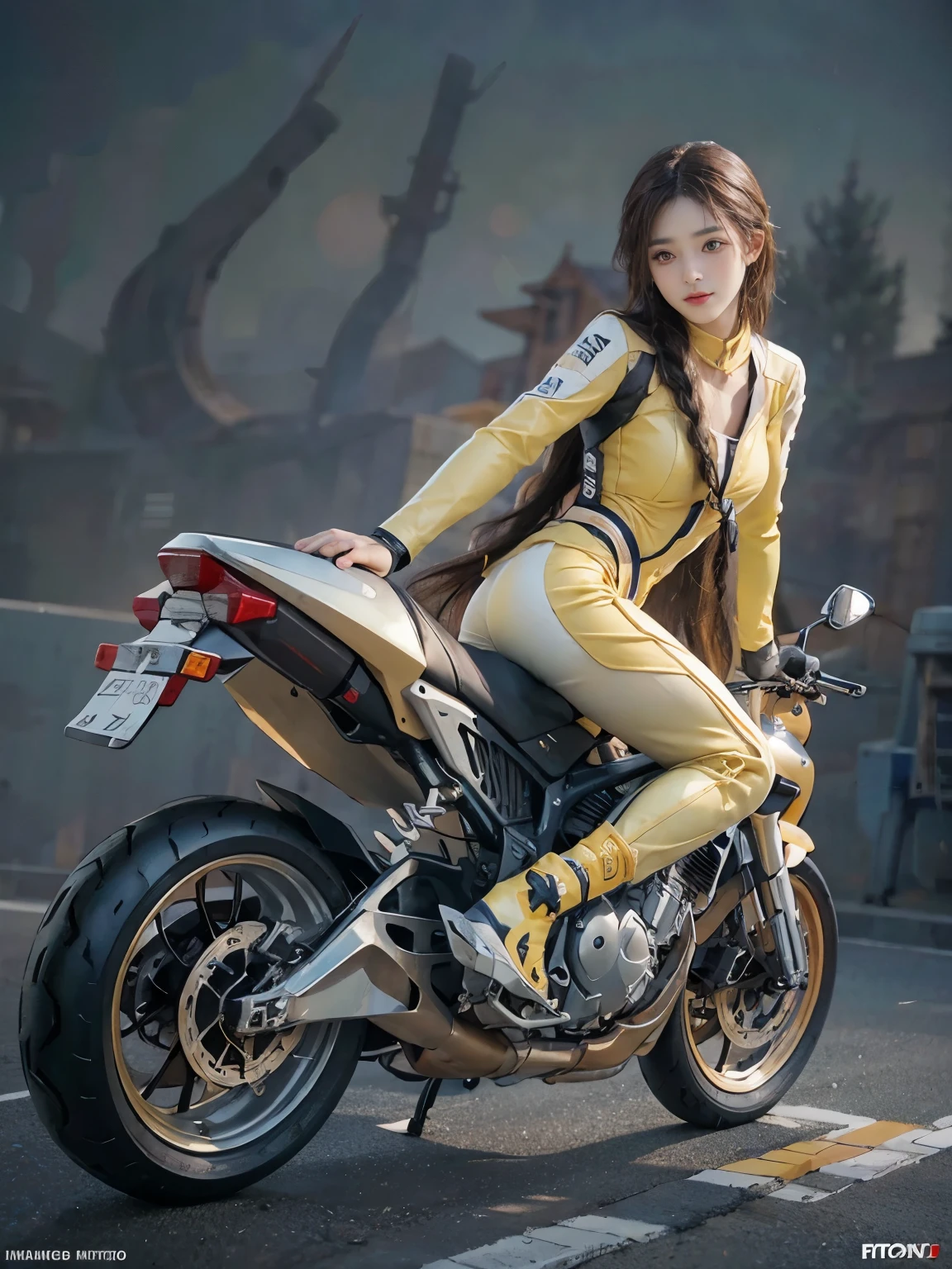 (realistic:1.5), (realistic:1.4), 8K, Ultra-high-definition beauty 1 person, intricate body details, (highest quality: 1.0), (Super high sharpness: 1.0), (thin hair:1.4),（Beautiful and delicate depiction of eyes）,((((riding a motorcycle)))),unreal engine:1.4,photorealistic:1.4, skin texture:1.4, masterpiece:1.8,highest quality at best, ((full body shot))、(((Yellow rider suit, long leather pants and racing boots)))、long limbs、smile、((braided hair))