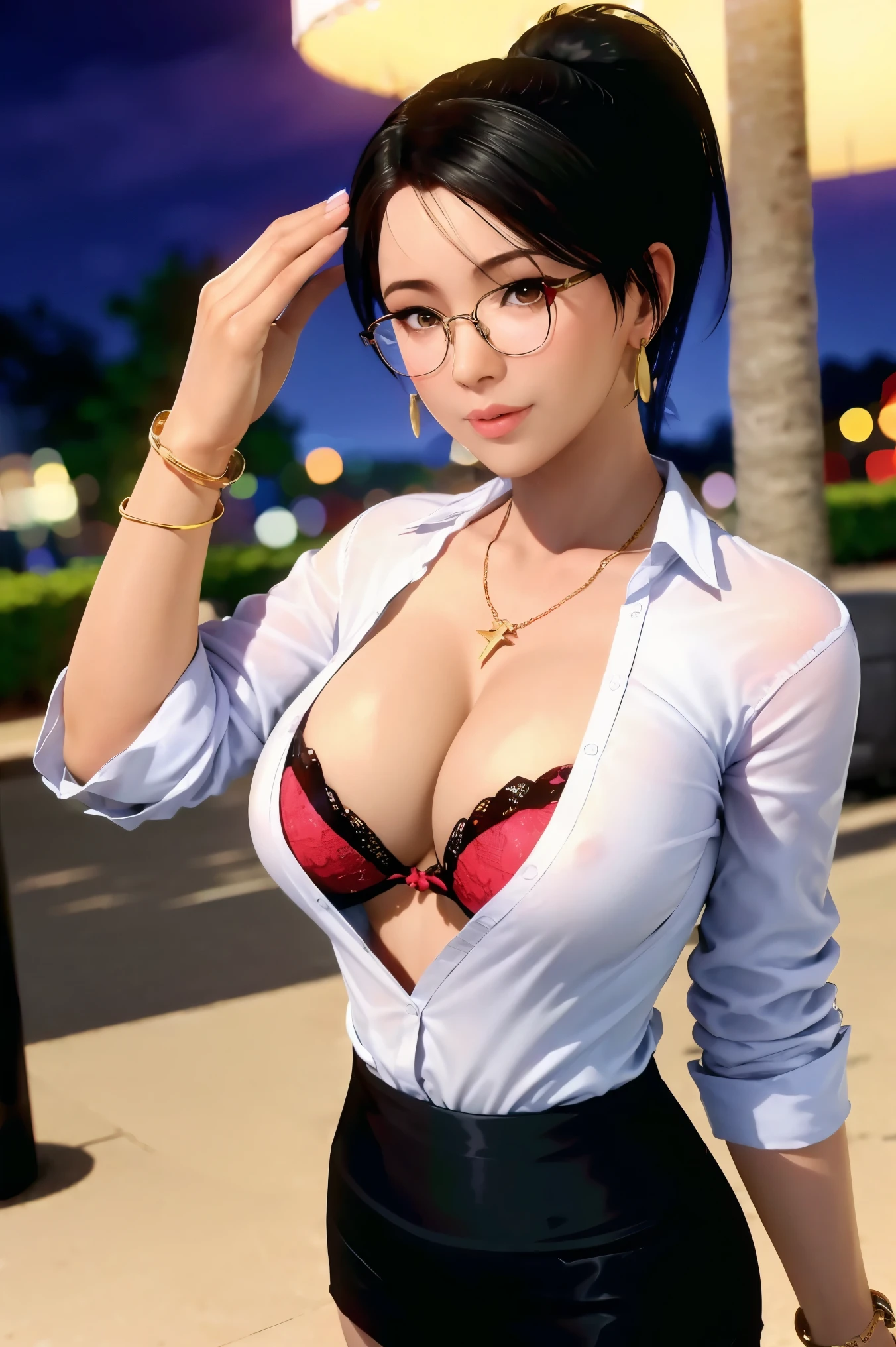 masterpiece, best quality, 1girl, solo, breasts, cleavage, momiji, high ponytail, (glasses:1.2), looking at viewer, sweat, large breasts, collared shirt, pencil skirt, (business suit), flashy gyaru, happy, showy,too many accessories, colorful , kogal, kogal gyaru, necklace, earrings, watch, bra, on street, night