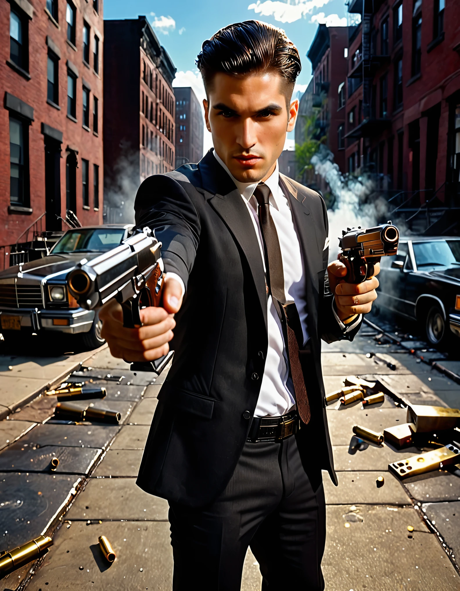 (best illumination, high contrast, sharp details), (a person:1.2+male) mobster, black suit and tie, white shirt, black slacks, black polished shoes, standing, dynamic action pose, holding dual pistols, beretta 92, muzzle flash, shell casings, gun smoke, bullet holes, aiming at viewer, black hair, brown hair, short hair, groomed hair, age 28, intense action, brooklyn, high-end apartment backdrop, vivid colors, high saturation, dramatic shadows.