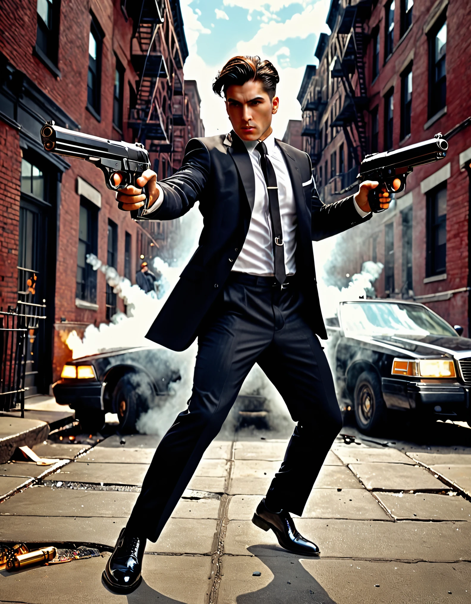 (best illumination, high contrast, sharp details), (a person:1.2+male) mobster, black suit and tie, white shirt, black slacks, black polished shoes, standing, dynamic action pose, holding dual pistols, beretta 92, muzzle flash, shell casings, gun smoke, bullet holes, aiming at viewer, black hair, brown hair, short hair, groomed hair, age 28, intense action, brooklyn, high-end apartment backdrop, vivid colors, high saturation, dramatic shadows.