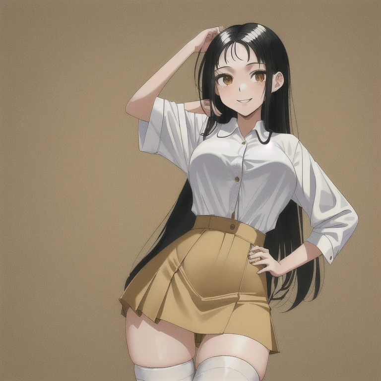 (((Masterpiece, best quality, nonsense)))), 1 girl,alone, young brazilian woman (19 years old, Natural and long black hair (Length to hip level)) In Japanese school uniform(( White shirt, short buttons,pleated mini skirt,White panties with metal alloy, skin colored stockings(beige)))), big breasts, beautiful girl,glorious smile