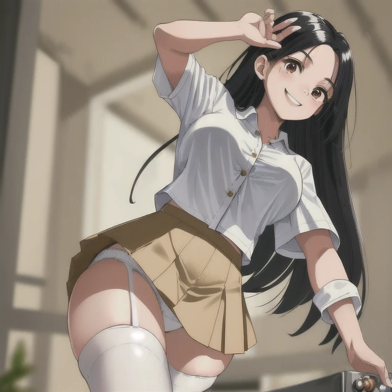 (((Masterpiece, best quality, nonsense)))), 1 girl,alone, young brazilian woman (19 years old, Natural and long black hair (Length to hip level)) In Japanese school uniform(( White shirt, short buttons,pleated mini skirt,White panties with metal alloy, skin colored stockings(beige)))), big breasts, beautiful girl,glorious smile