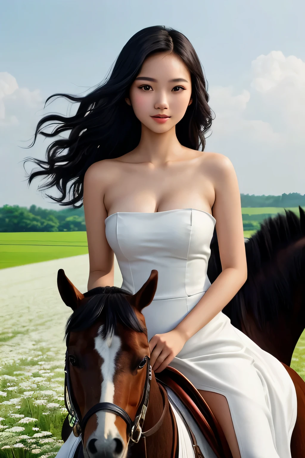 ((best quality)), ((masterpiece)), (detailed), perfect face A 16 year old girl of Indonesian Chinese descent with long, wavy black hair, a sexy body and firm, pointed breasts wearing a long, white, sleeveless, strapless dress, riding a horse in a field of edelweiss flowers