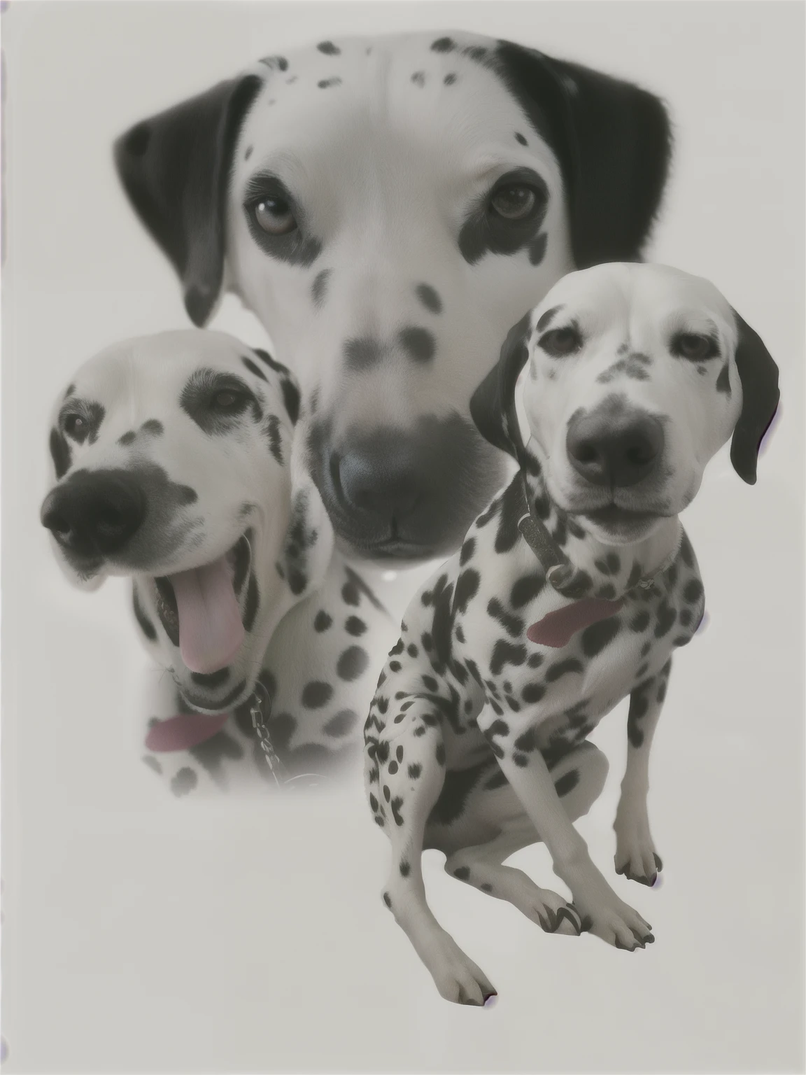 three dalmatian dogs are sitting next to each other, spotted ultra realistic, spots, white with black spots, dog, pet animal, white with chocolate brown spots, portrait shot, spotted, detailed portrait shot, different closeup view, [ realistic photo ]!!, cheesy, photo portrait, feature, portrait of ultra realistic, proud looking, 3 / 4 portrait