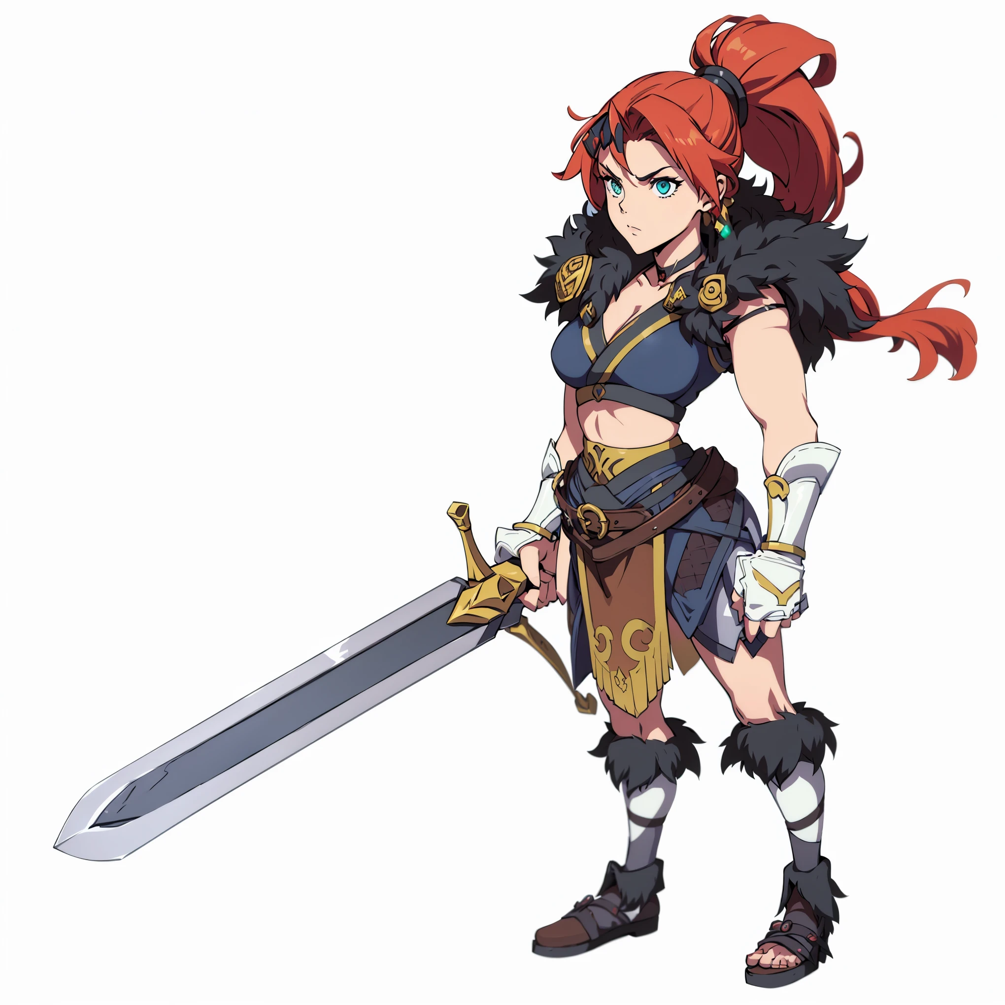 Cartoon close-up of a woman holding a sword, she holds a sword, Northern adult female warrior, official character art, heroine, With a big sword, Freya, Japanese role playing game characters, Natalie in epic battle fantasy, katana zero video game character, female barbarian, Japanese role playing game characters art, Valkyrie style character, a very beautiful violent woman