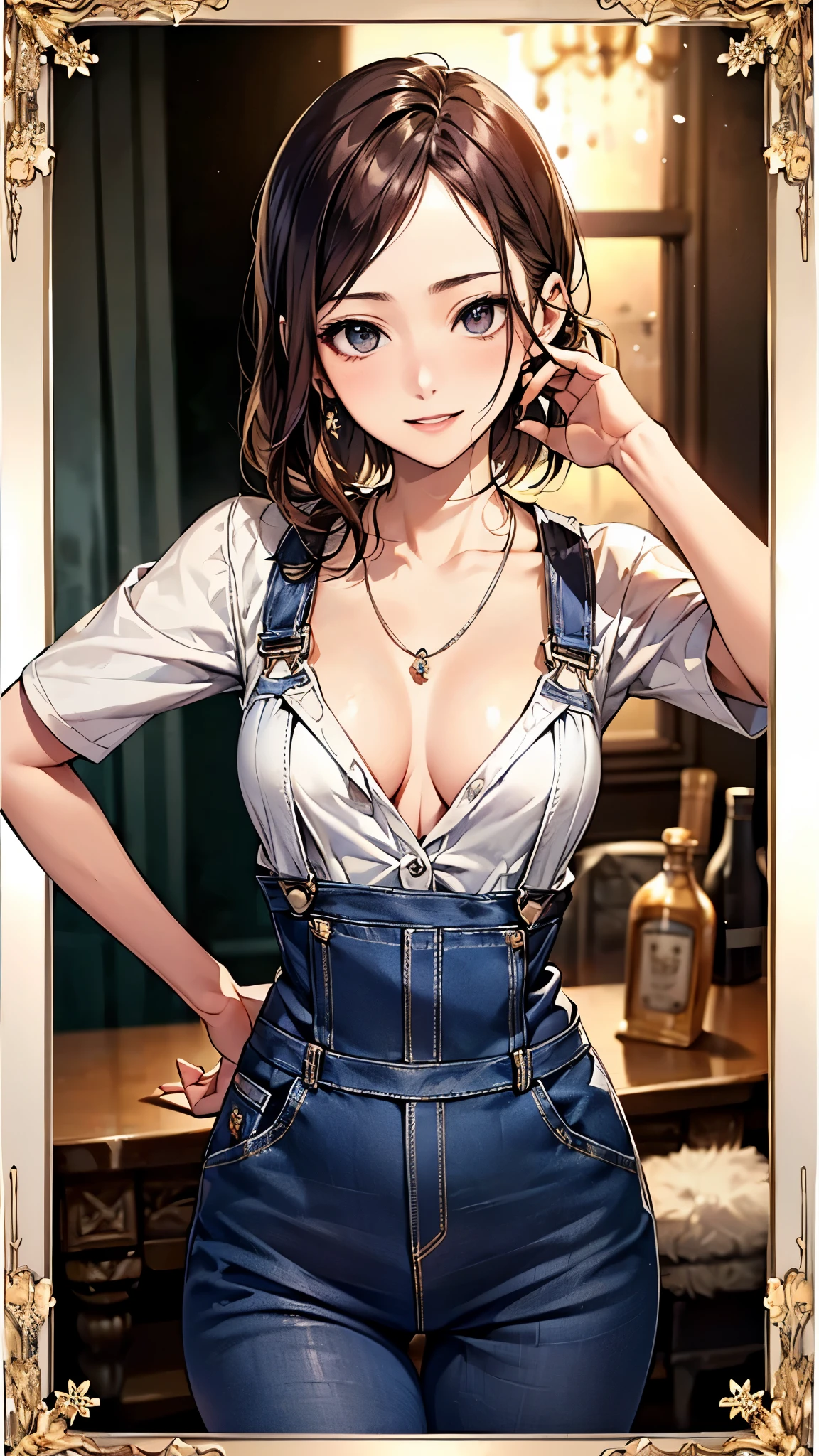 ((Biologically correct number of limbs))、4K、masterpiece、((focus on the face))、((Symmetrical facial features))、Eyes with detailed description、Beautiful woman、outstanding style、beautiful clavicle、beautiful legs、beautiful hands、slender body、(stockings、high heels)、Detailed depiction of faces、small earrings、necklace、(shirt、overalls)、Close-up of upper body including face、lighting to the face、tie、cyber city、(((white frame photo)))、Looking back、buckshot、Neat and clean、smile、((Full body photo including face))