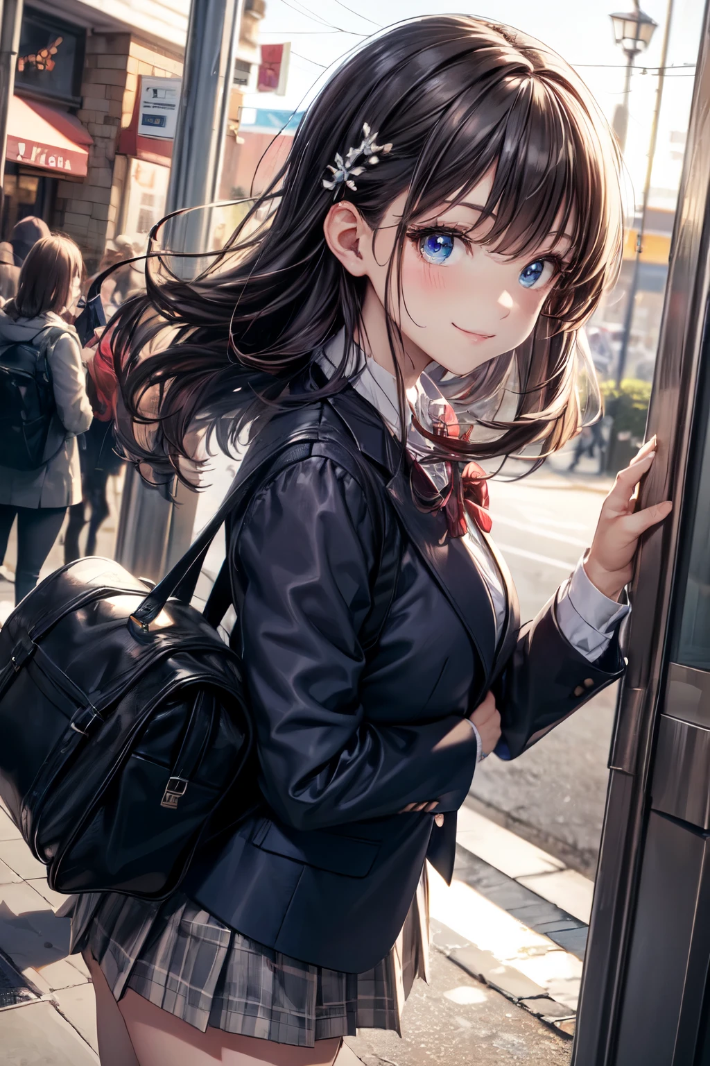 very cute and beautiful girl,teen,(highly detailed beautiful face and eyes),
(blue blazer , pleated mini skirt),standing in front of cake shop show window,
(smile:1.2),cowboy shot,holding school bag,hair pin,black hair,downtown street,
(best quality,masterpiece:1.0),absurdres,highres,ultra-detailed,extremely detailed,32k,8k resolution,
intricate details,cinematic scene,detailed background,solo,dynamic angle,hair fluttering in the wind,