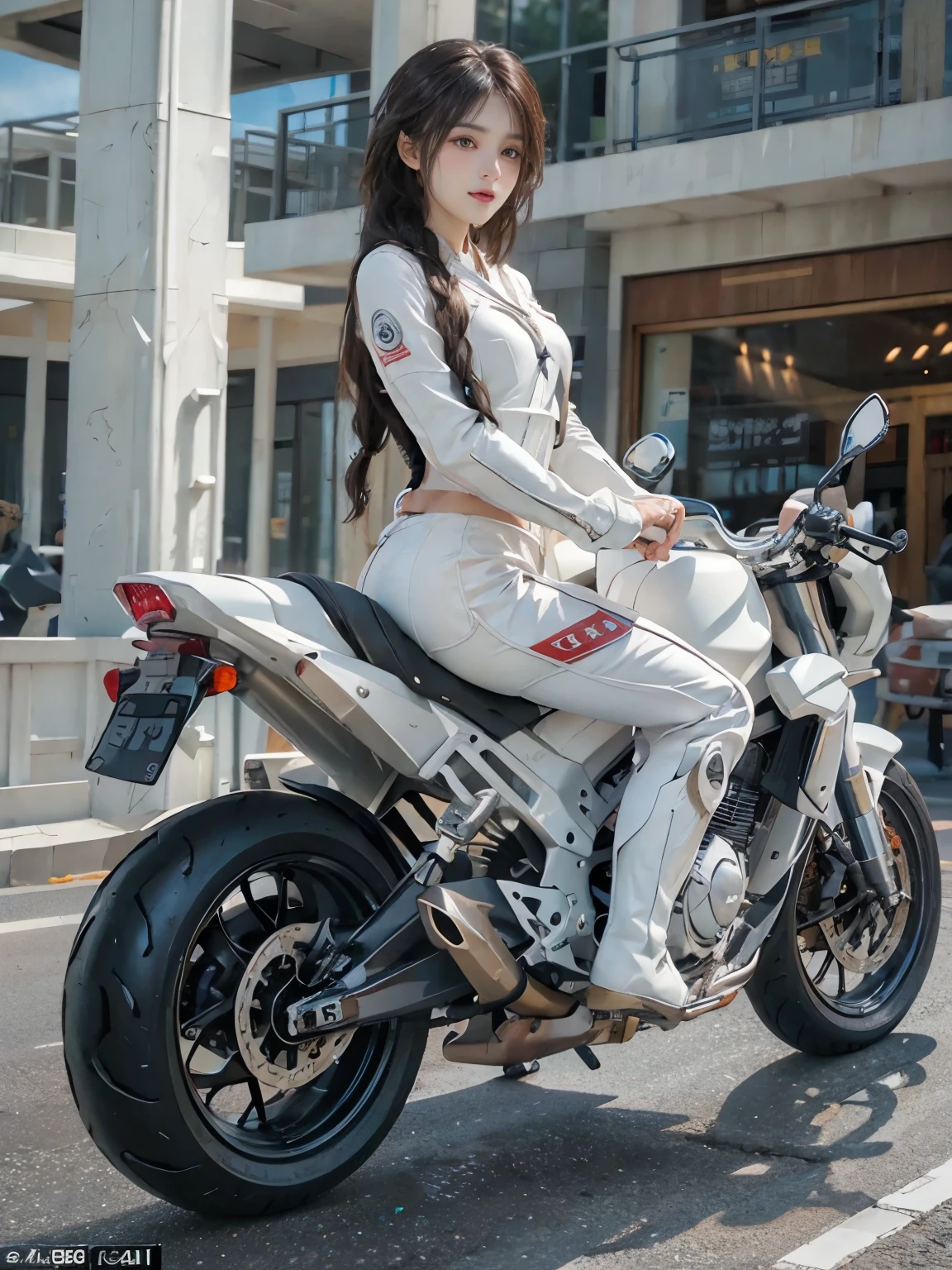 (realistic:1.5), (realistic:1.4), 8K, Ultra-high-definition beauty 1 person, intricate body details, (highest quality: 1.0), (Super high sharpness: 1.0), (thin hair:1.4),(Beautiful and delicate depiction of eyes),((((riding a motorcycle)))),unreal engine:1.4,photorealistic:1.4, skin texture:1.4, masterpiece:1.8,highest quality at best, ((full body shot))、(((White rider suit, long leather pants and racing boots)))、long limbs、smile、((braided hair))