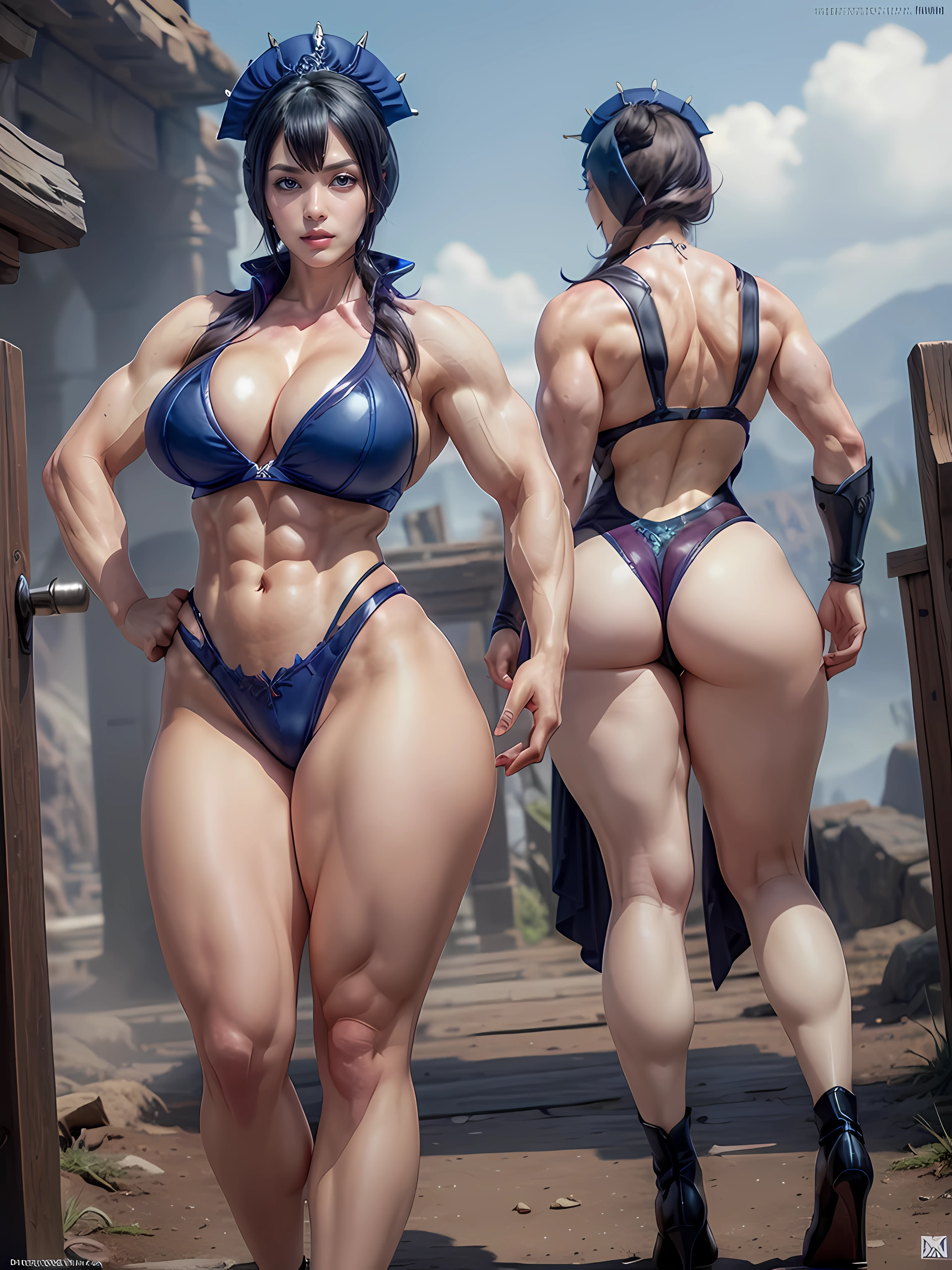 cowboy shot, ((masterpiece)), ((highly detailed)), ((best quality)), realistic, ((((Massive Female Bodybuilder:1.1)))), (((huge muscular ass))), (wide hips), (slim waist), (((wide shoulders))), ((((Huge breasts)))), evil_lyn, beautiful woman with heavy makeup, (pale skin:1.3), holding a wand, ((blue)) and purple outfit, beautiful eyes, perfect eyes, perfect hands, ((fantasy mountain background)), outdoors, lightning storm, dynamic pose, dynamic angle,