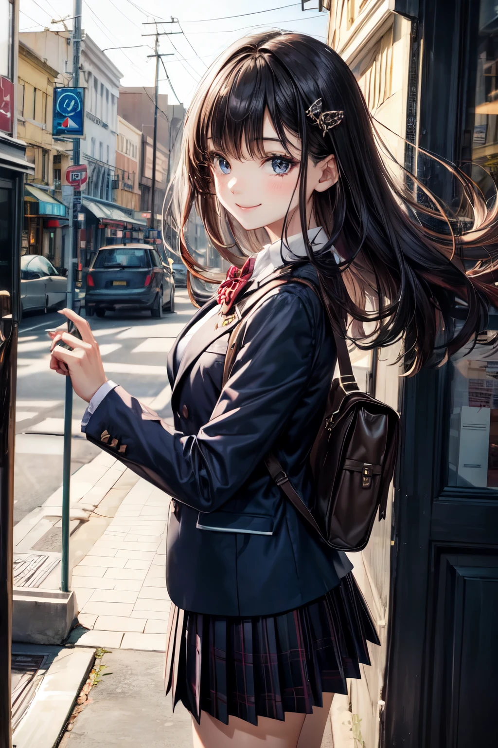 very cute and beautiful girl,teen,(highly detailed beautiful face and eyes),
(blue blazer , pleated mini skirt),standing in front of cake shop show window,
(smile:1.2),cowboy shot,holding school bag,hair pin,black hair,downtown street,
(best quality,masterpiece:1.0),absurdres,highres,ultra-detailed,extremely detailed,32k,8k resolution,
intricate details,cinematic scene,detailed background,solo,dynamic angle,hair fluttering in the wind,