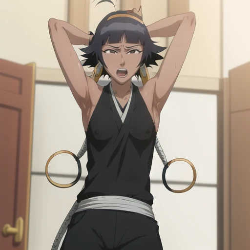 ( Animation screenshots:1.1),outdoor, Nipple Exposed, 1 girl, alone, black hair, side breasts,eternal, short hair with long locks, japanese clothing, - Hip vents, no underwear,short hair, small breasts, (white eyes:1.1),No eyeballs, Also available in black, No headwear,low double braids,Face the audience, looking at the audience, tired, from below, (Show armpits:1.1), ((Armpit:1.2)), Sexy, Sweat dripping, More and more sweat,(ahegao), (Roll your eyes), naughty face, blush, open mouth, Sticking out tongue, saliva, sloppy person,Runny nose,skinny, raise arms, (arms above head:1.5)