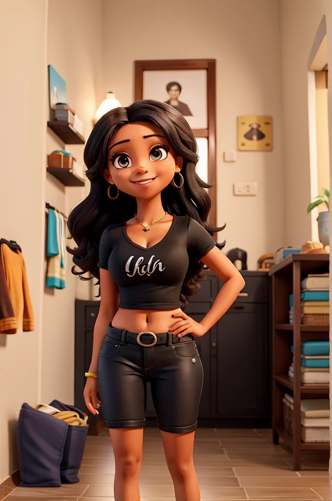 mulher caucasiana, cor morena, com corpo curvilineo com blusa cinza de alcinha e short preto, sorriso bonito e cabelos medianos abaixo dos ombros, olhando para o espelho fazendo uma self, olhando reto, com olhos amendoados, and a black stool behind his right leg
