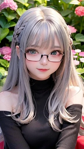 幼いgirl、small face、 (alone:1.5,)Super detailed,明るいcolor, very beautiful detailed anime face and eyes, look straight,eye shadow、 shiny_skin,girl, (((虹colorの髪,, 半分の髪の毛は青color、Half silver hair: 1.5))), 、shiny hair, delicate beautiful face, blush、Glasses、(turquoise eyes), , Valletta, red earrings,、black turtleneck、flower garden、Sitting among flowers、smile、happy face、face dyed red、color々pose、Head to toe full body portrait、(I can see the whole body)