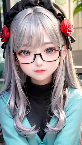 幼いgirl、small face、 (alone:1.5,)Super detailed,明るいcolor, very beautiful detailed anime face and eyes, look straight,eye shadow、  shiny_skin,girl, (((虹colorの髪,, 半分の髪の毛は青color、Half silver hair: 1.5))), 、shiny hair, delicate beautiful face, blush、Glasses、(turquoise eyes), , Valletta, red earrings,、black turtleneck、flower garden、Sitting among flowers、smile、happy face、face dyed red、color々pose、Head to toe full body portrait、（I can see the whole body）