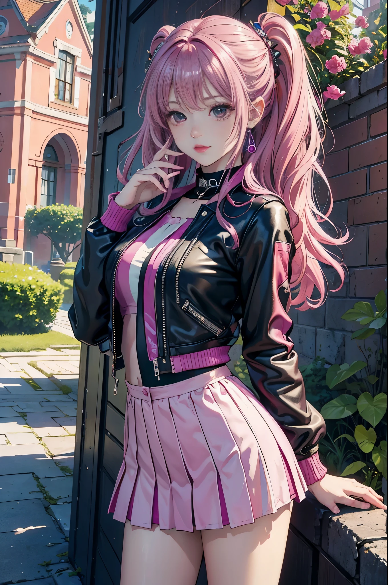 magenta tint、Bright colors、((masterpiece)))、(((top quality)))、((Super detailed))、(surreal)、(Very detailed CG illustrations)、official art、CD cover、This will be、midsummer、fashionable、The glorious 1980s、cruel beauty、cochetti gorgeous、gorgeous、Colorful hair、rock music、leather jacket、miniskirt、women only、perfect angle、Perfect composition、