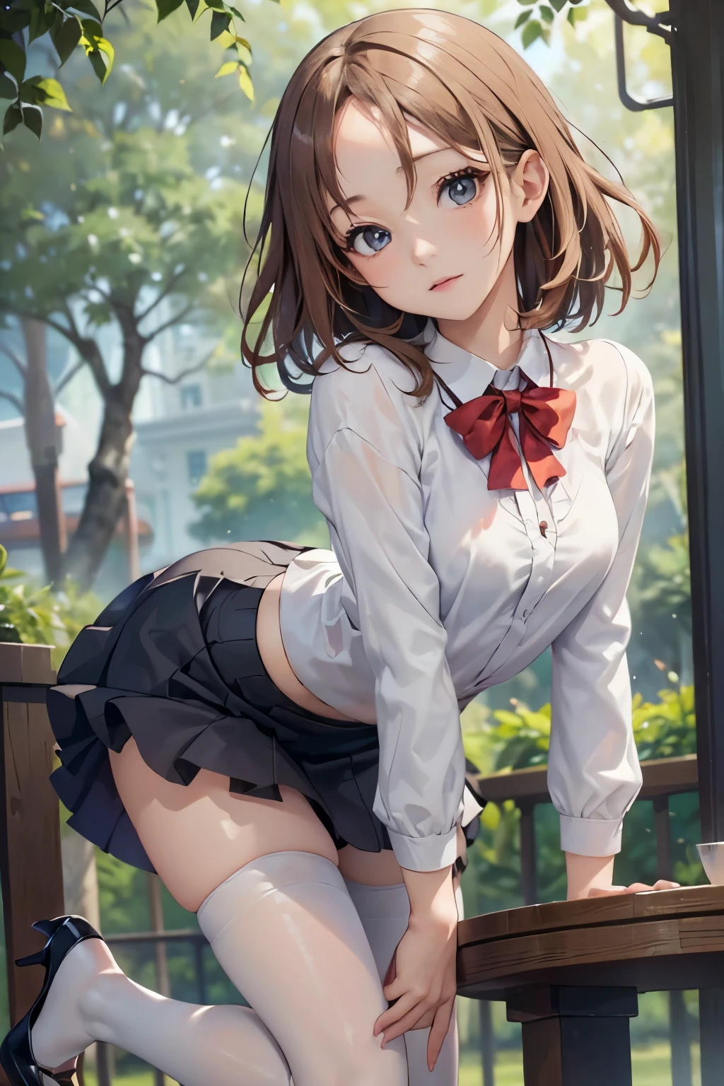 ((Biologically correct number of limbs))、4K、masterpiece、((focus on the face))、((Symmetrical facial features))、Eyes with detailed description、Beautiful woman、outstanding style、beautiful arms、beautiful legs、beautiful hands、(small ass、thin thighs)、Detailed depiction of faces、(shirt、skirt、((Tina Branford))、high heels、stockings)、close up of face、The background is the park in the morning、standing position