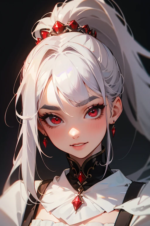 (highest quality, masterpiece:1.2), High resolution, Super detailed, realistic:1.37, fantasy, An illustration,gray hair、 red eyes、 Queen, white dress.platinum decoration、beautifully、Eyeshadow Red、dark eyebrows、long eyelashes、pupils are black、shiny on the lips、upper site、Queen、Princess、ponytail、gentle smile、Show your teeth a little and smile、soft expression、