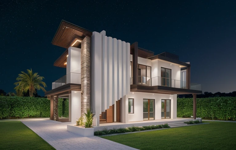 Modern villas , white , ((night)), trees, vine, architecture, building, vivid colour, masterpiece,best quality,super detailed,realistic,photorealistic, 8k, sharp focus,
a photo of a building