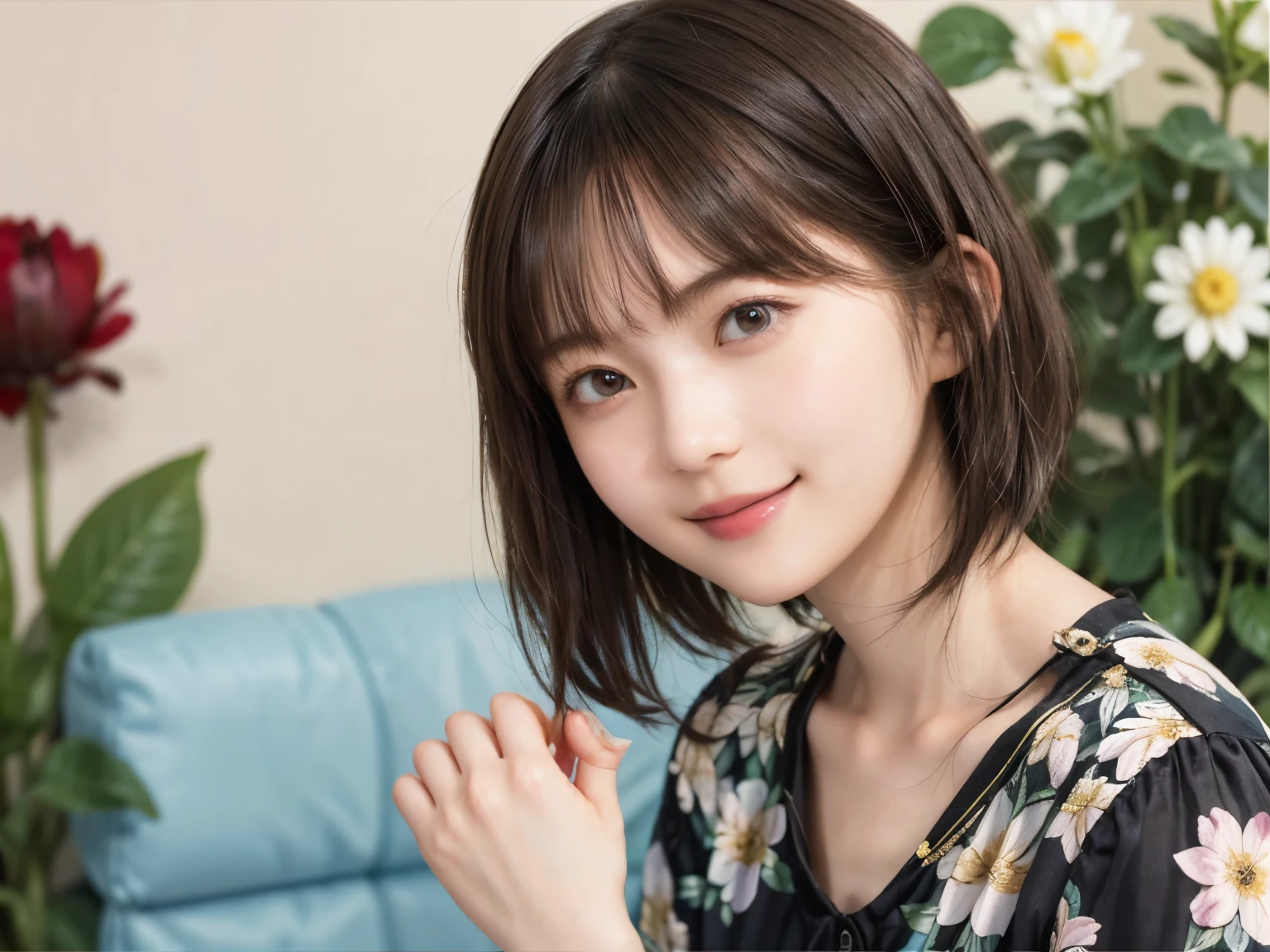 206 Short Hair, 20 year old female, Floral, gentle smile, (chest:1.2)