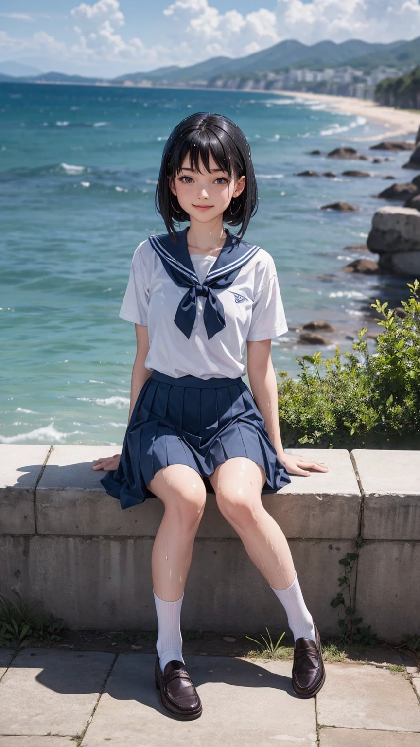 junior high school student、japanese young girl、uniform、the wind is blowing、flaps skirt、small and flat chest、short hair、high detail face、high detail skin、High level image quality、look at viewer、sit on the beach、open legs and see panties