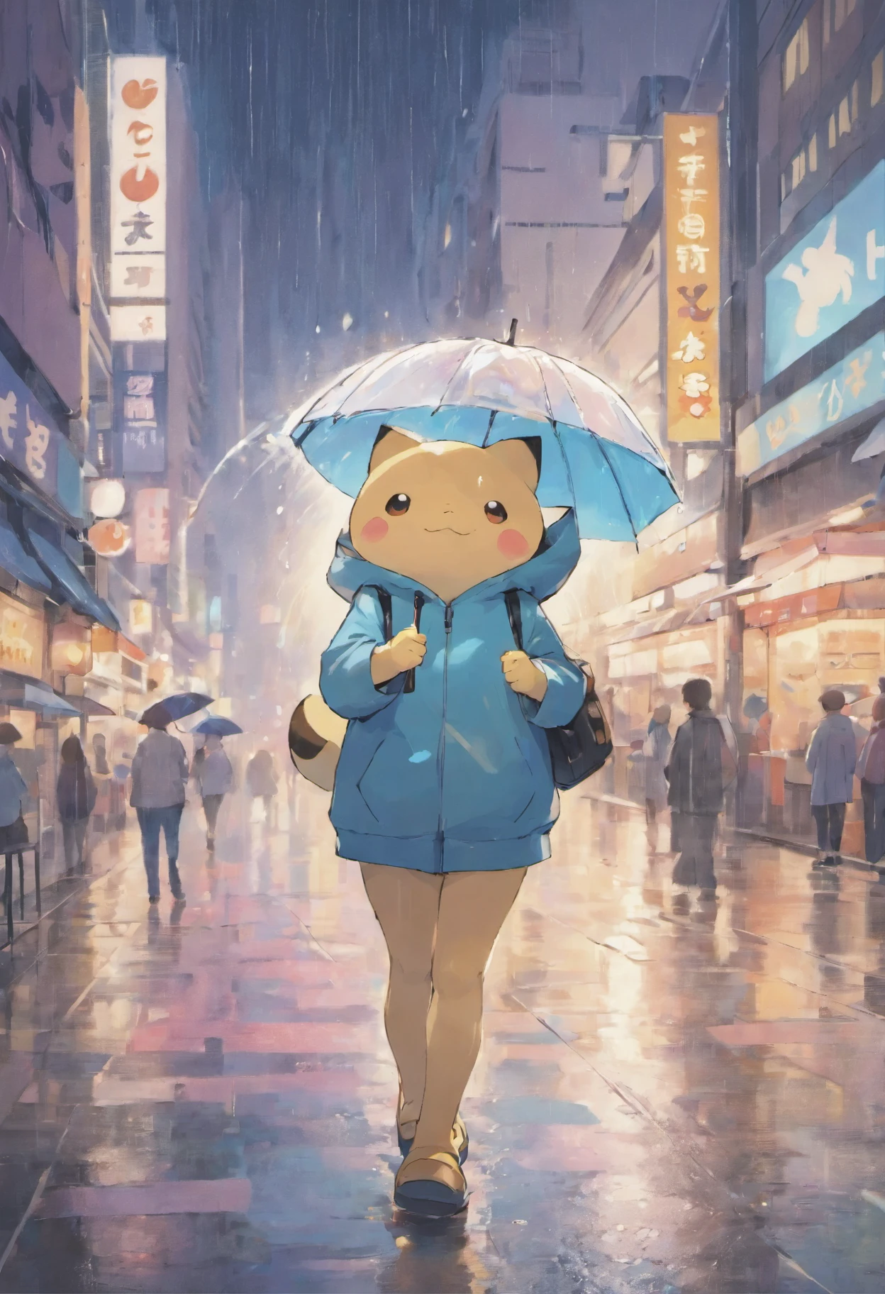 Wet day、With an umbrella、Akihabara at night、Tokyo、、Sheltering from the Rain with Snorlax、lonely face、