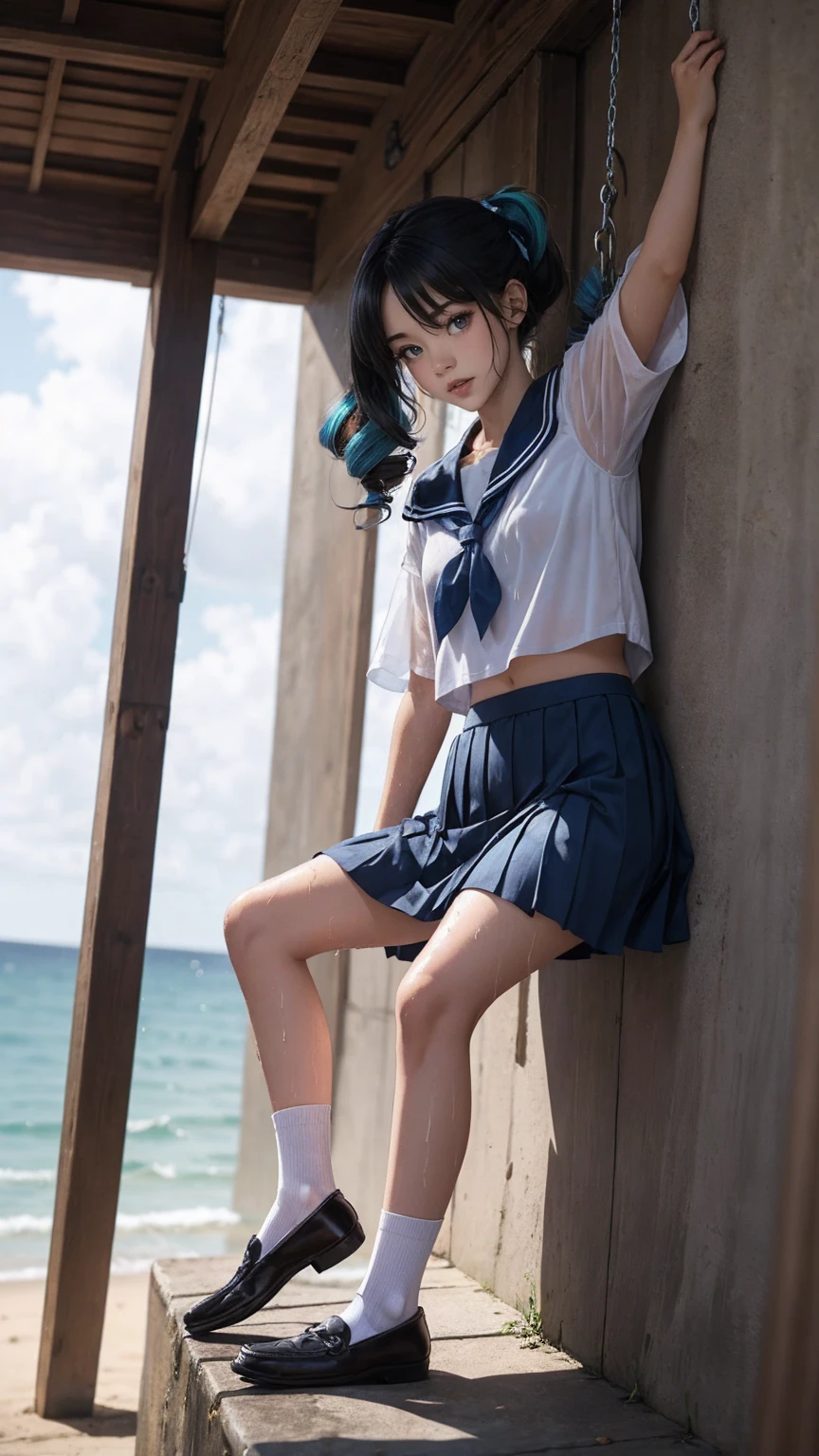 very cute and beautiful school girl viewing sea on hilltop,(highly detailed beautiful face and eyes:1.2),
(smile),cowboy shot,(sailor school uniform,pleated navy blue mini skirt),black hair,zettai ryouiki,(skirt fluttered in wind,white panties),
(looking at sea,from top of hill),many houses with red roof,detailed landscape,
(best quality,masterpiece:1.2),absurdres,highres,ultra-detailed,extremely detailed,32k,8k resolution,
intricate details,cinematic scene,detailed background,solo,dynamic angle,
natural lighting,hair fluttering in the wind,beautiful detailed sky,