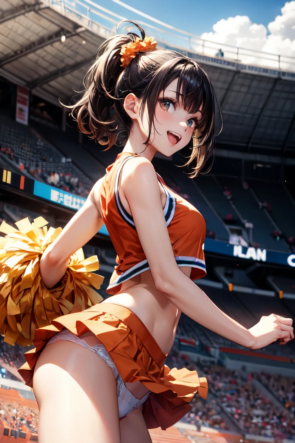 very cute and beautiful cheerleader girl,(highly detailed beautiful face),(holding pom poms:1.1),(laugh),
(stadium stands),cowboy shot,dynamic pose,(white panties),(sleeveless orange shirt),beautiful legs,looking at viewer,black hair,
(best quality,masterpiece:1.0),absurdres,highres,ultra-detailed,extremely detailed,32k,8k resolution,
intricate details,cinematic scene,detailed background,solo,dynamic angle,
hair fluttering in the wind,beautiful detailed sky,