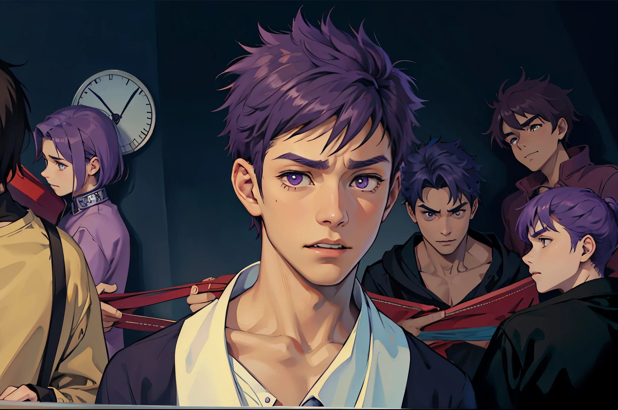 There is a 17 year old boy with purple hair and eyes, he is surprised, somewhat displeased.