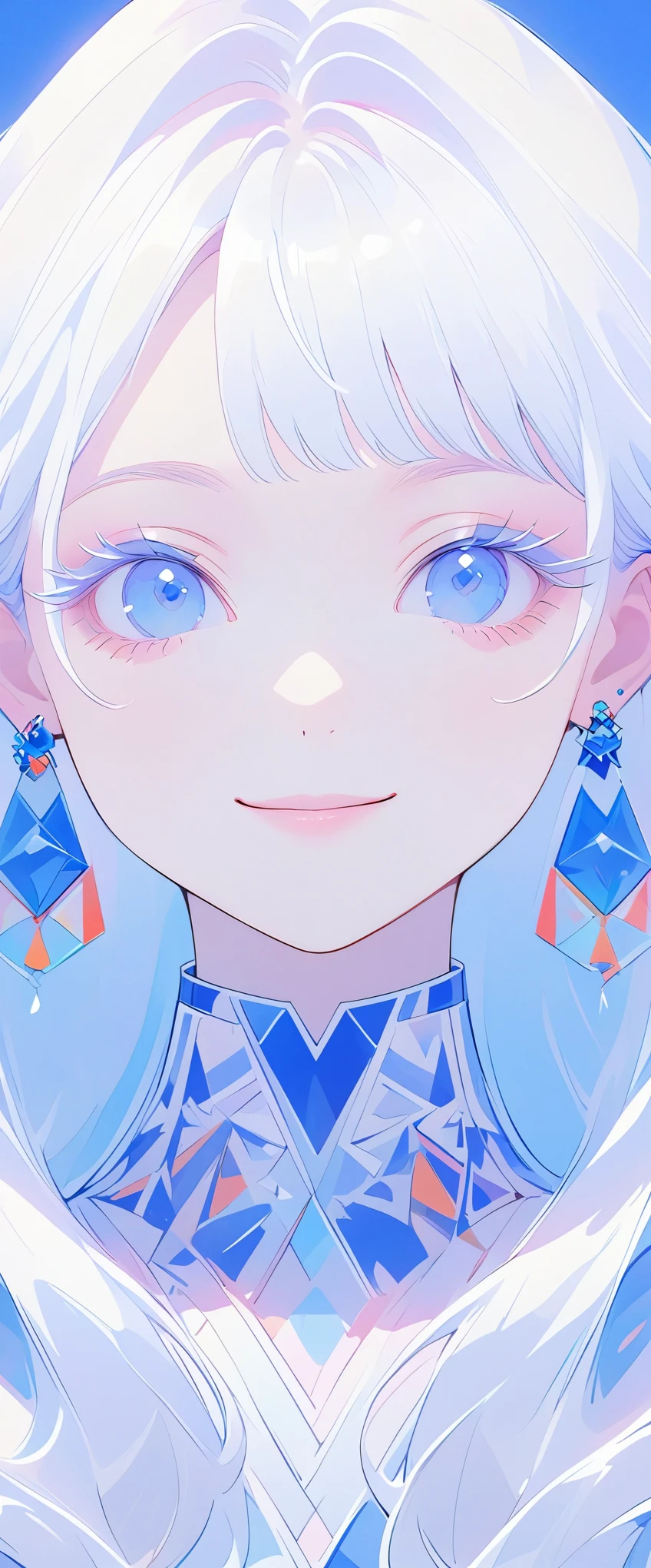 minimalist，fashion girl，white hair，blue background，Wearing special earrings，Bohemian style，Defined eyelashes，Full bright blue eyes，clean通透的眼珠，close up，Portrait facing camera，Smile flat illustration，Geometry，clean，japanese manga