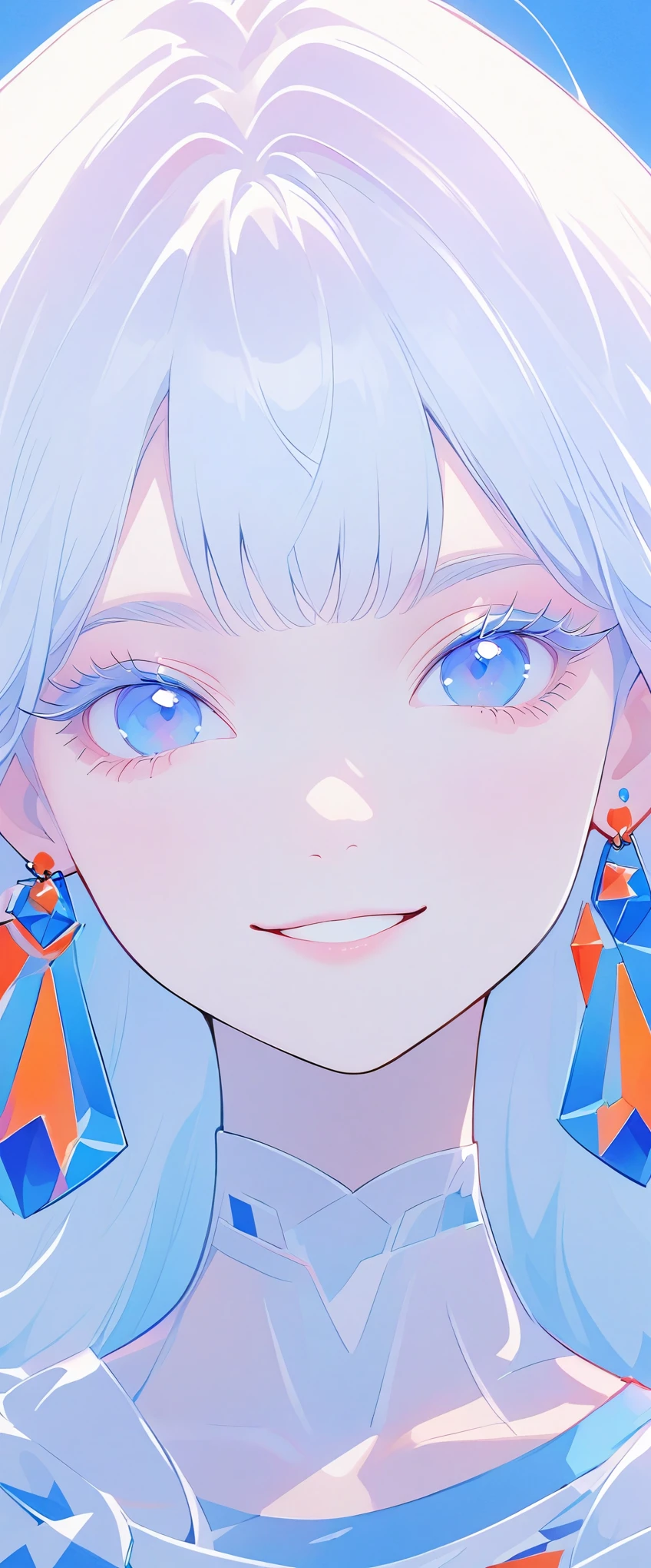 minimalist，fashion girl，white hair，blue background，Wearing special earrings，Bohemian style，Defined eyelashes，Full bright blue eyes，clean通透的眼珠，close up，Portrait facing camera，Smile flat illustration，Geometry，clean，japanese manga