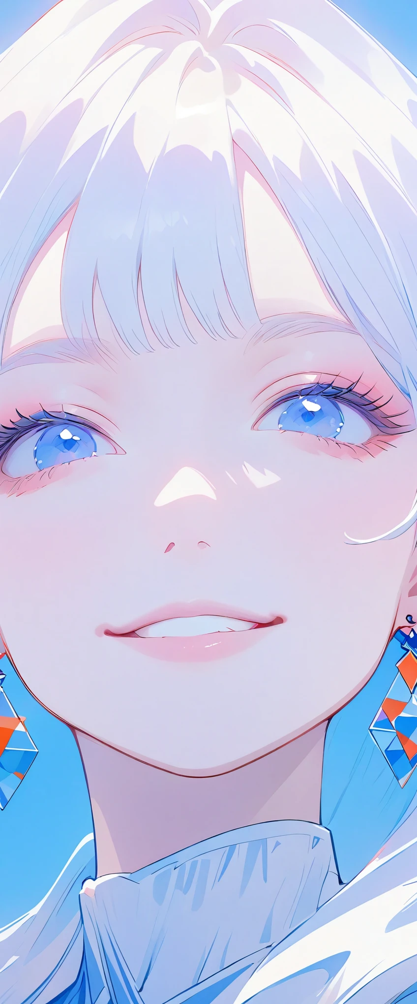 minimalist，fashion girl，white hair，blue background，Wearing special earrings，Bohemian style，Defined eyelashes，Full bright blue eyes，clean通透的眼珠，close up，Portrait facing camera，Smile flat illustration，Geometry，clean，japanese manga